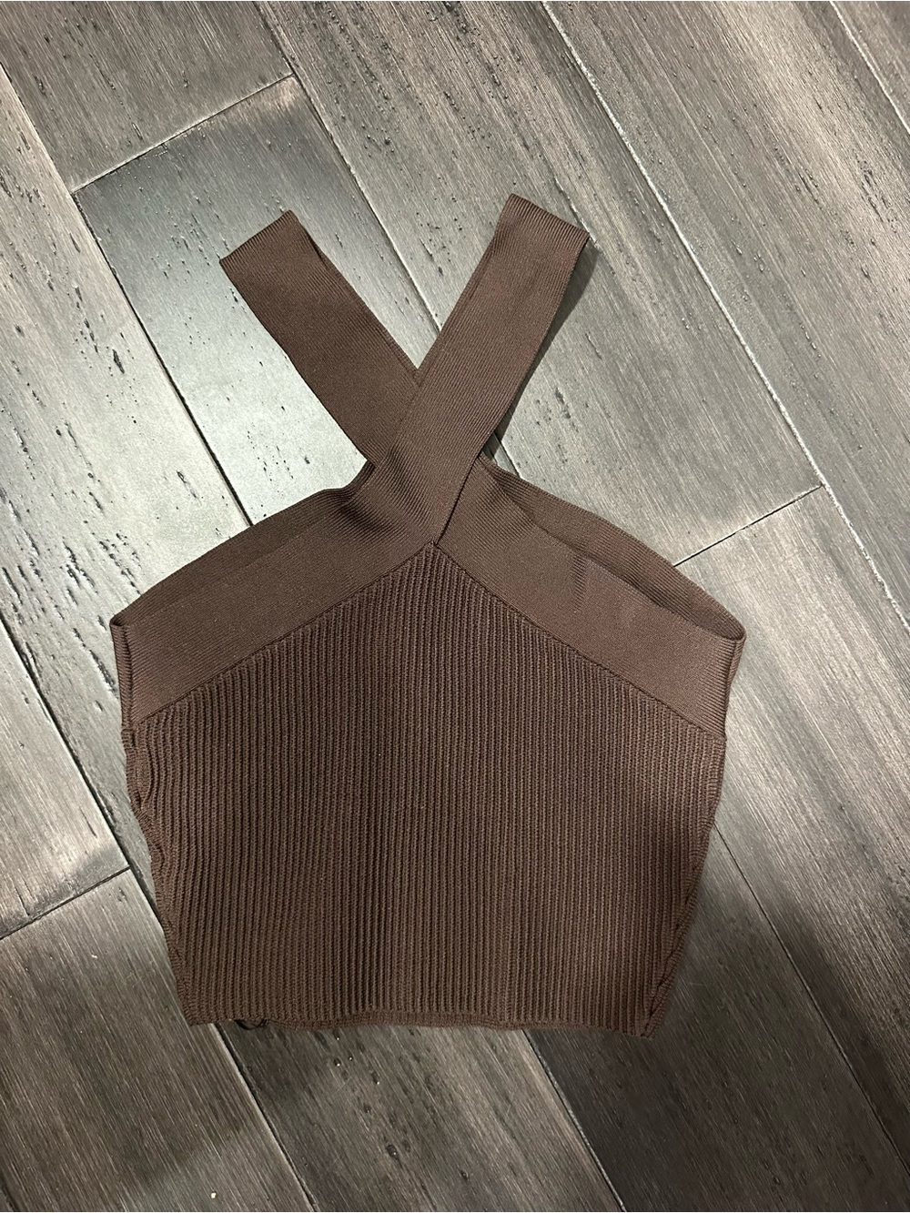 Brown Ribbed Cross‑Strap Aritzia Crop Top